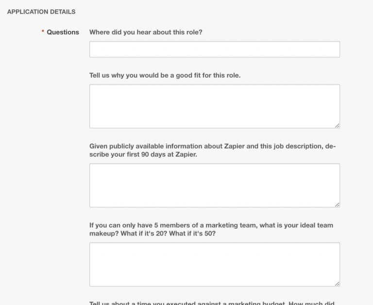 A portion of Zapier's application for an executive marketing position.