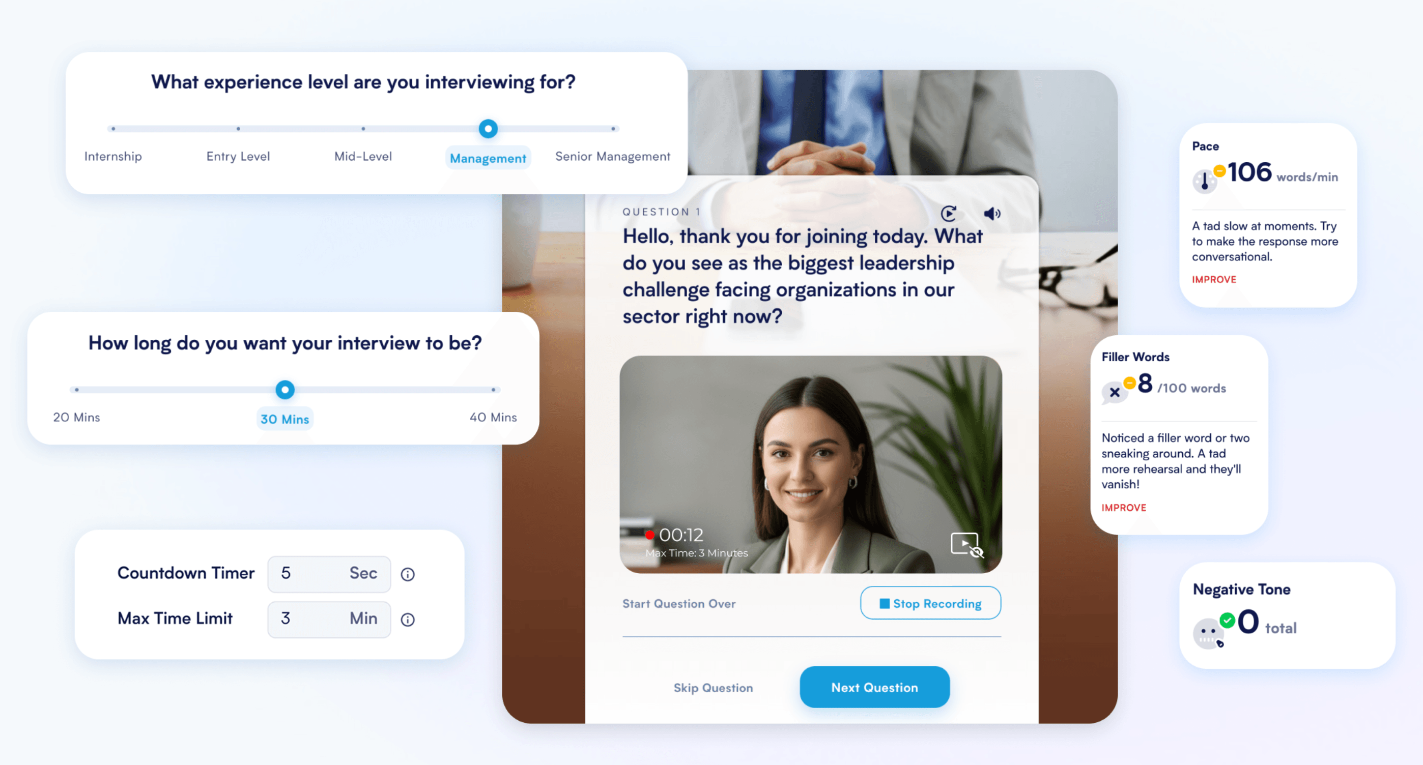 Jobscan Interview Practice: interview settings, a live mock interview with a recorded video answer, and AI feedback on pace, filler words, and tone