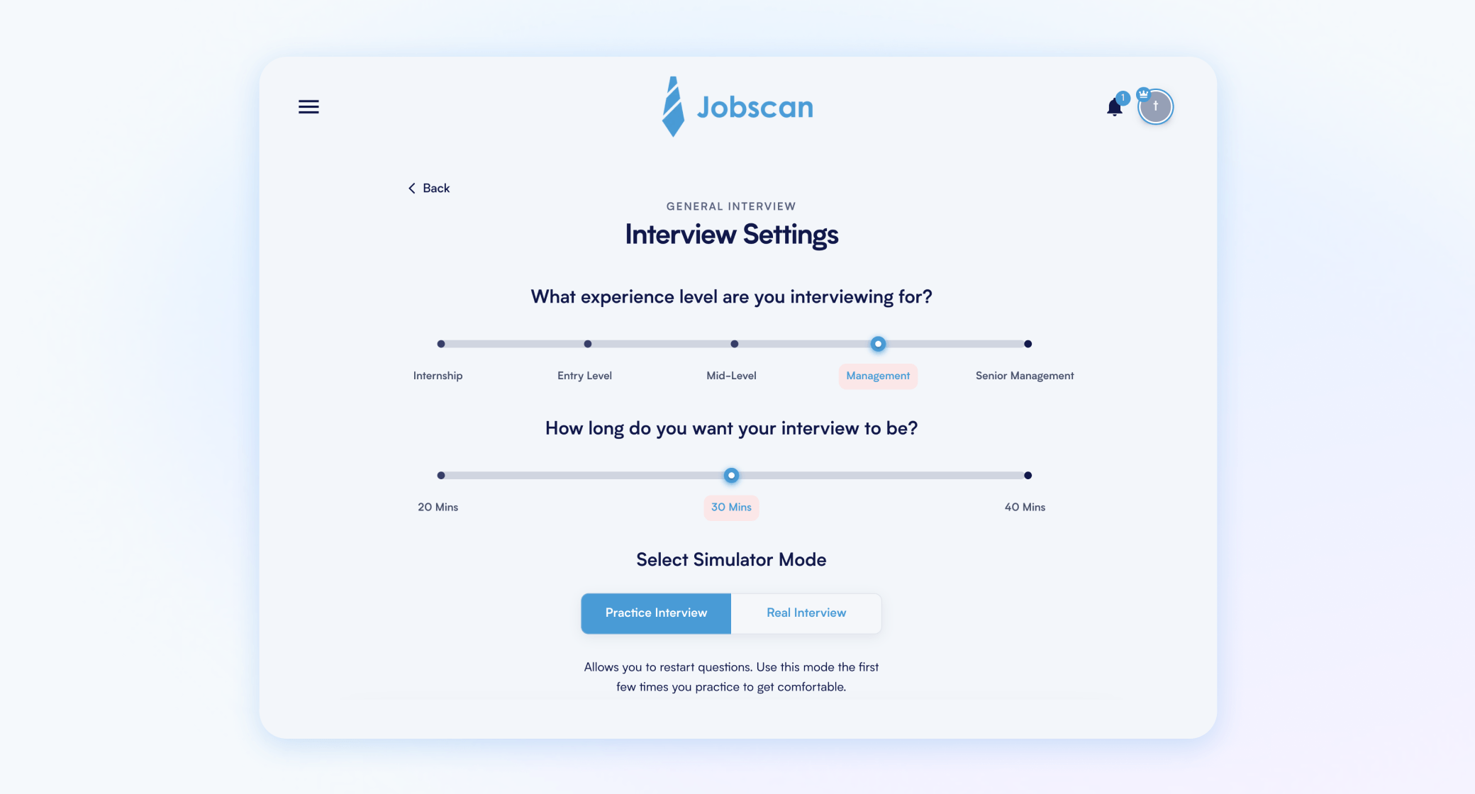Interview settings: experience level, interview length, and simulator mode