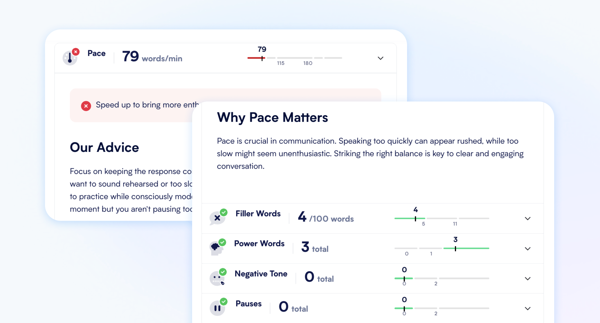 AI feedback on pace, filler words, power words, negative tone, and pauses