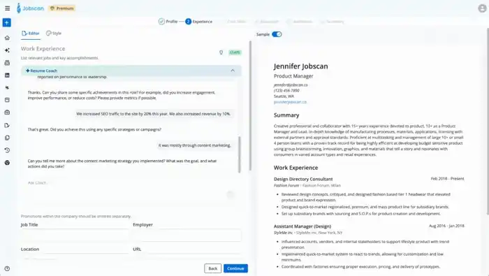 AI Resume Coach guiding a user through writing their work experience section in real time
