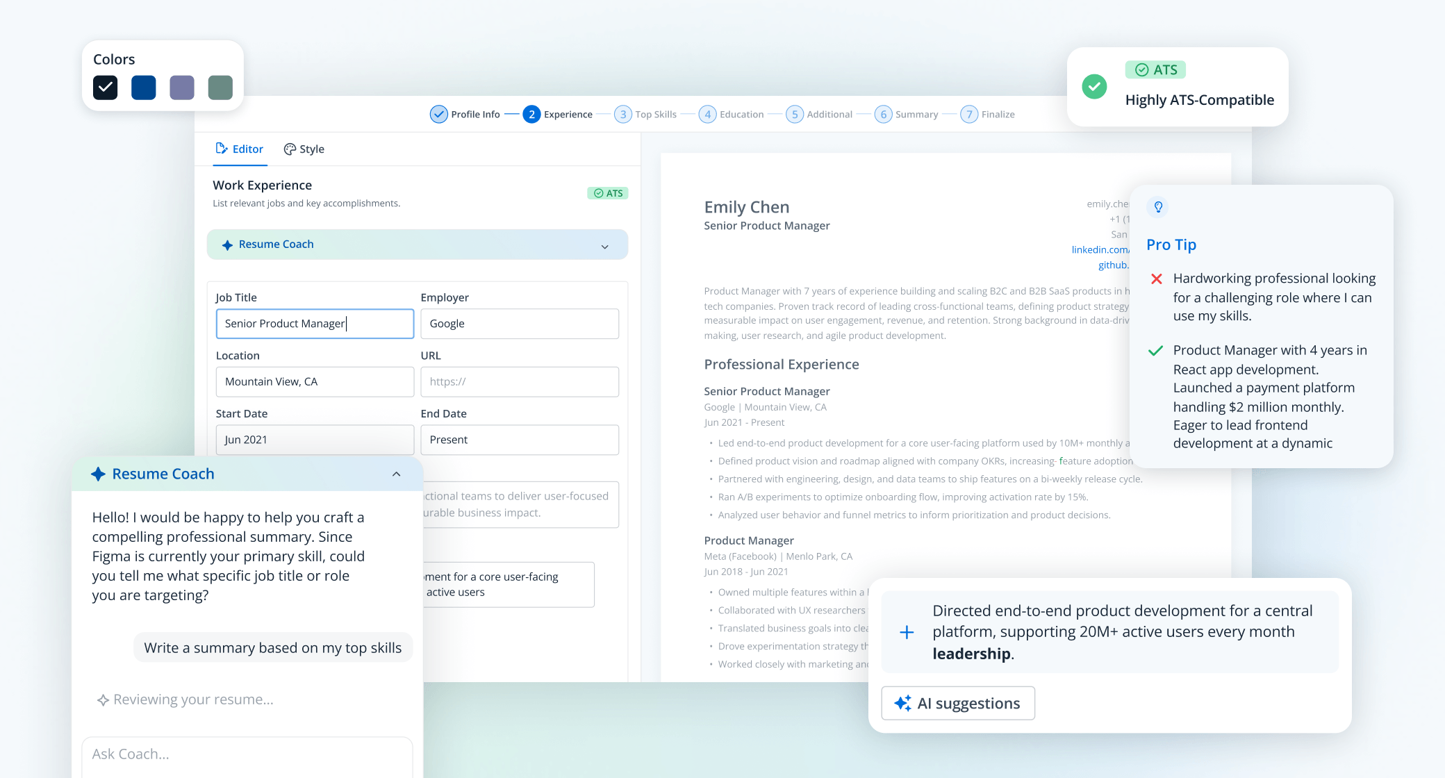 Jobscan resume editor showing the Experience section with an AI Resume Coach suggestion panel, a completed resume preview, and a Pro Tip comparing weak vs. strong summary phrasing