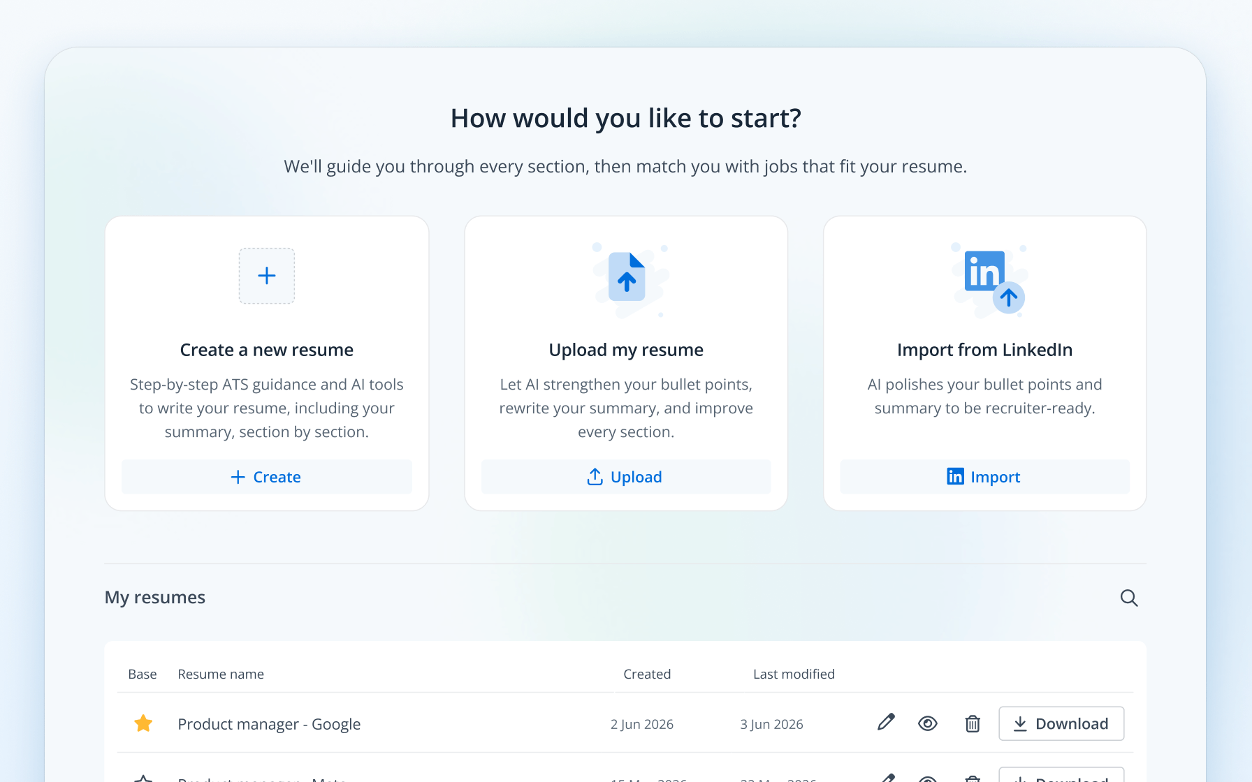 Resume Builder start screen asking "How would you like to start?" with options to create a new resume, upload an existing resume, or import from LinkedIn, plus a list of saved resumes