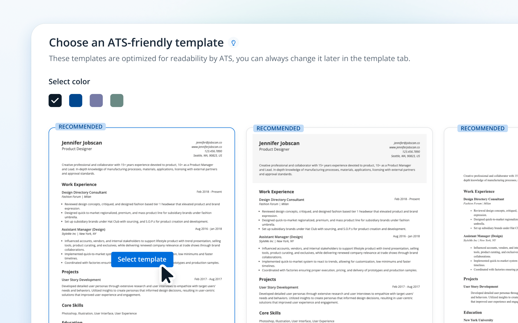 Template selection screen in Jobscan's AI Resume Builder showing color options and three recommended ATS-friendly resume templates