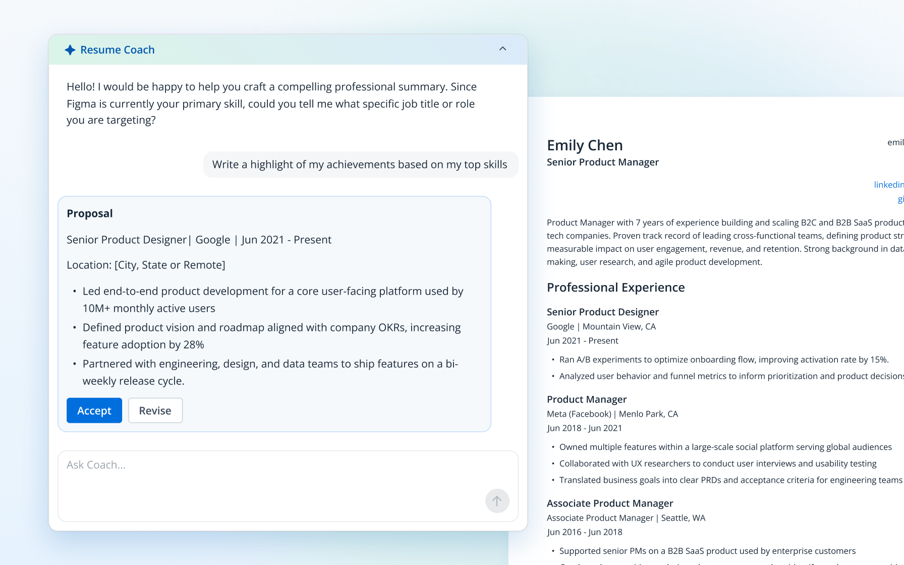 AI Resume Coach chat panel proposing a rewritten job highlight with Accept and Revise buttons, next to the resulting resume preview