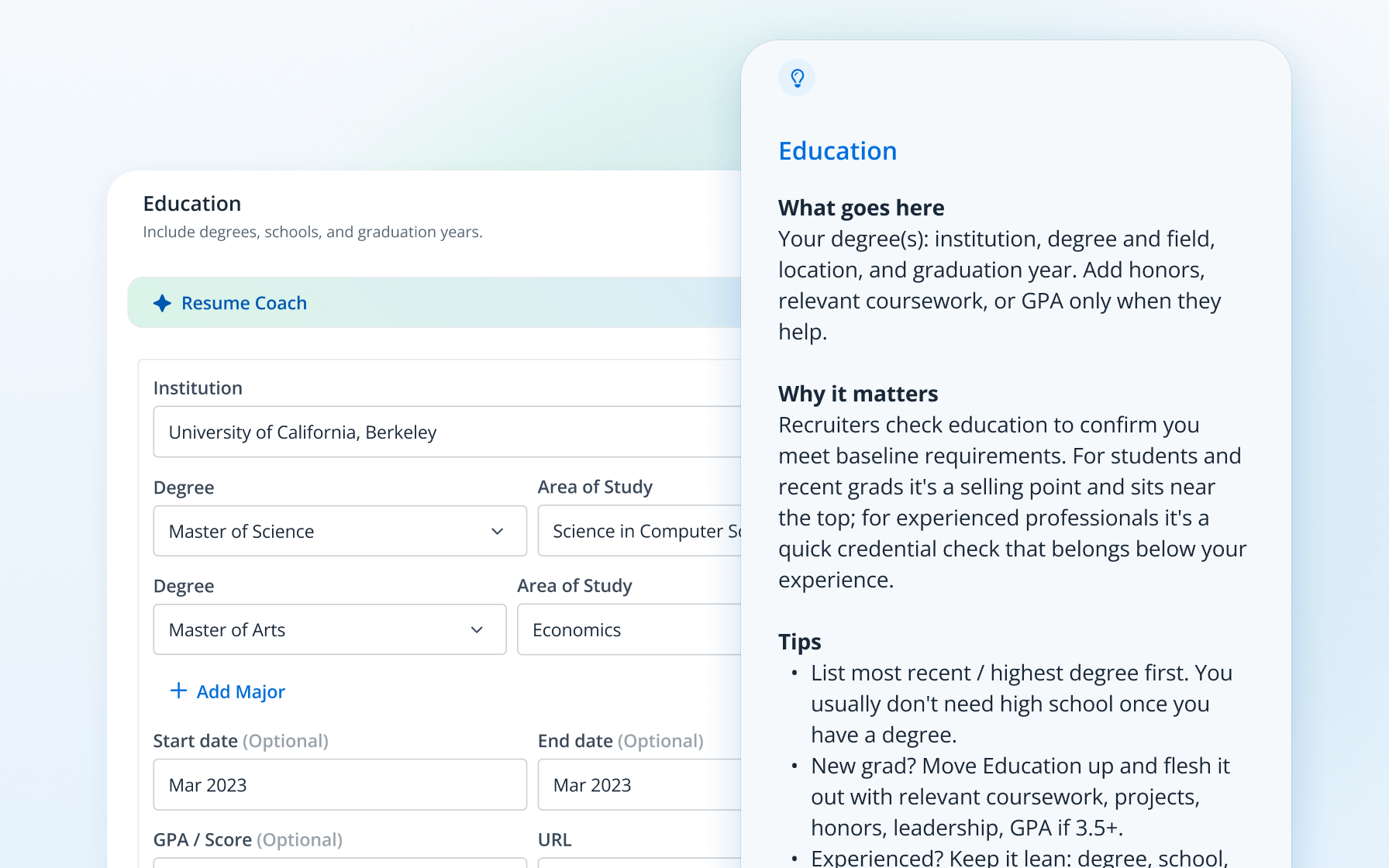 Education section form with an AI Resume Coach panel explaining what to include, why education matters, and tips for ordering degrees