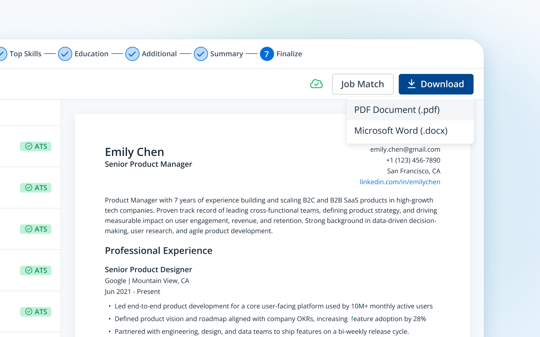 Finalize step showing the completed resume with ATS-compatibility checks and a download menu offering PDF or Microsoft Word formats
