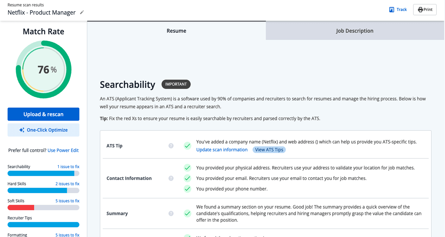 Jobscan resume scanner Match Report showing a 76% Match Rate, an ATS Detected banner, and the Searchability checks