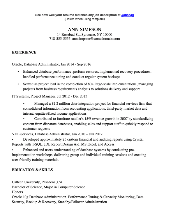 sample resume for database administrator