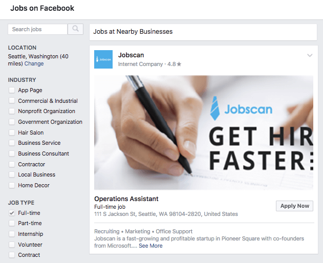 Jobs on Facebook screenshot