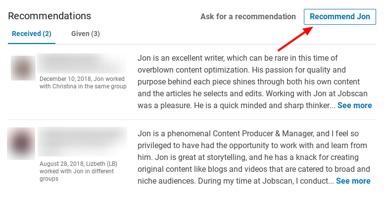 linkedin recommendation screenshot