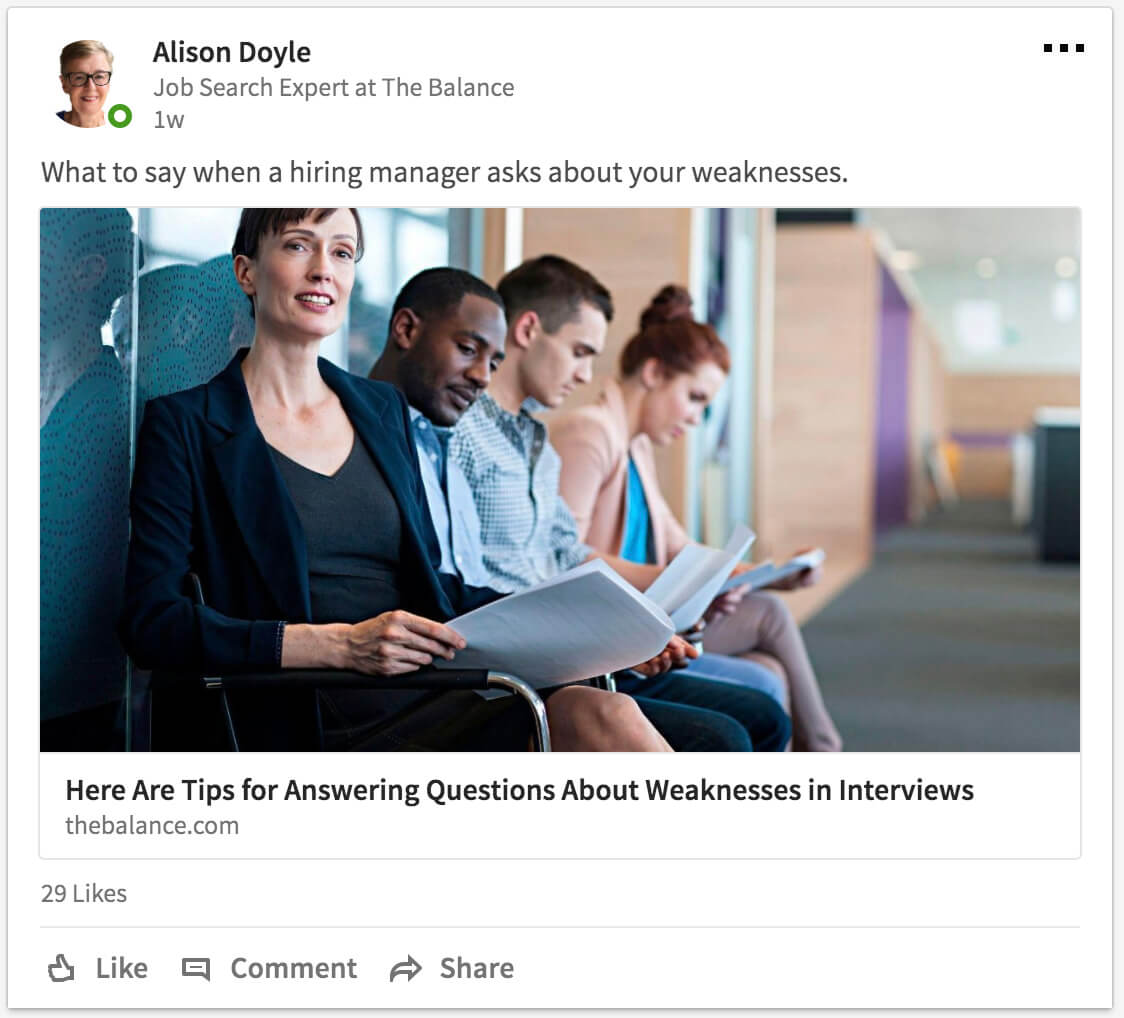 Who to follow on LinkedIn? Alison Doyle of The Balance.