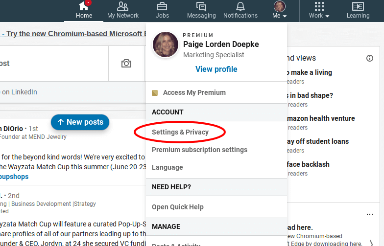 settings and privacy to delete linkedin account