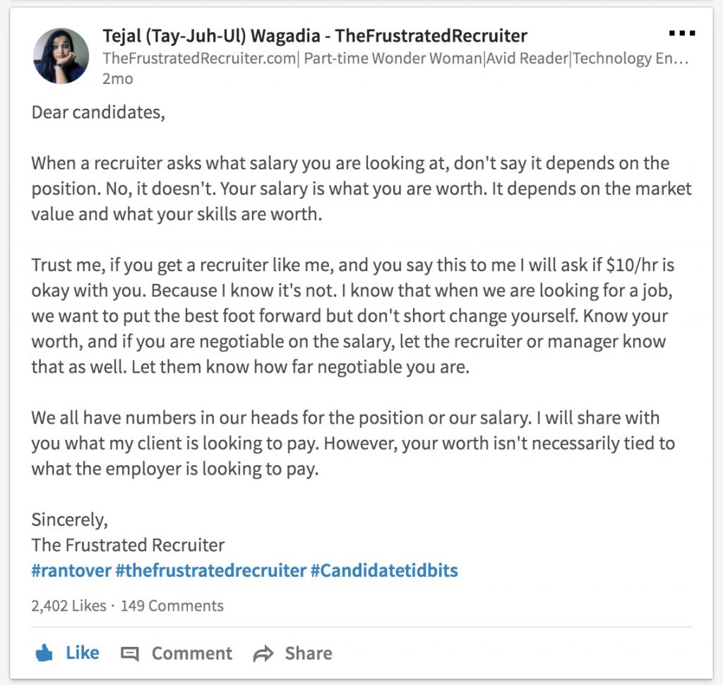 Who to Follow on LinkedIn: Tejal Wagadia, AKA The Frustrated Recruiter.