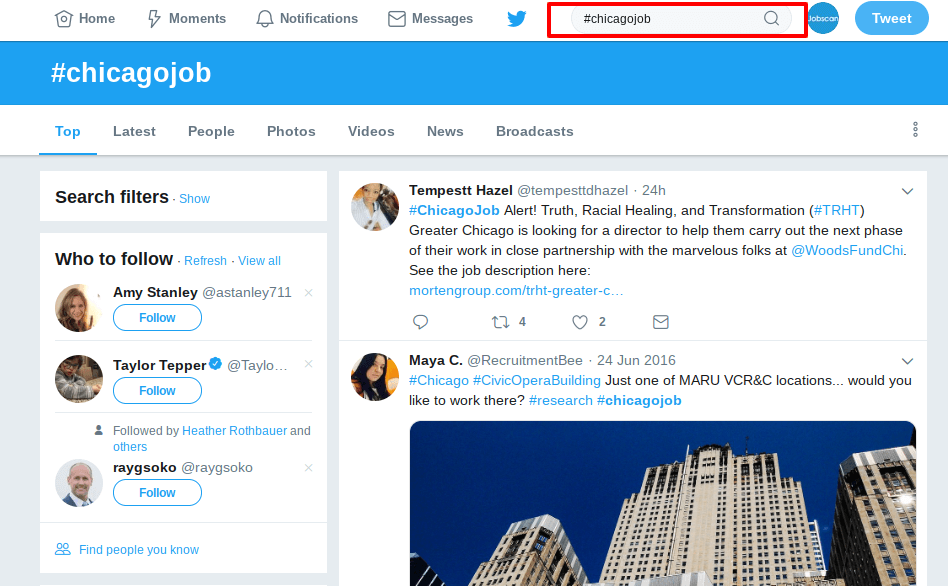 how to use twitter in your job search screenshot